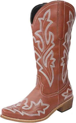 Cowgirl Boots Mid Calf Women's Cowboy Boots Mid Calf with Embroidery Cowgirl Boots Chunky Heel Western Boots Pull On