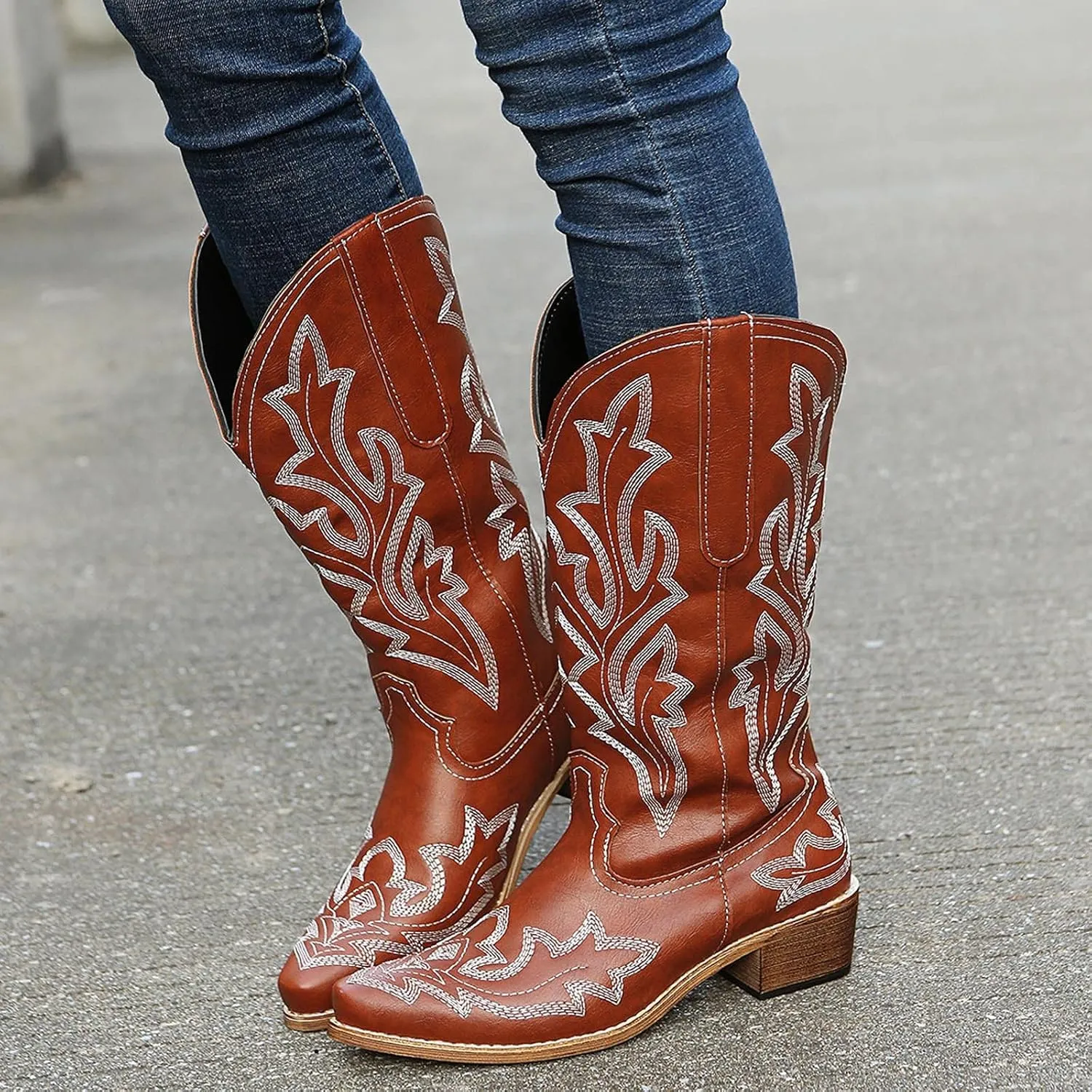 Cowgirl Boots Mid Calf Women's Cowboy Boots Mid Calf with Embroidery Cowgirl Boots Chunky Heel Western Boots Pull On