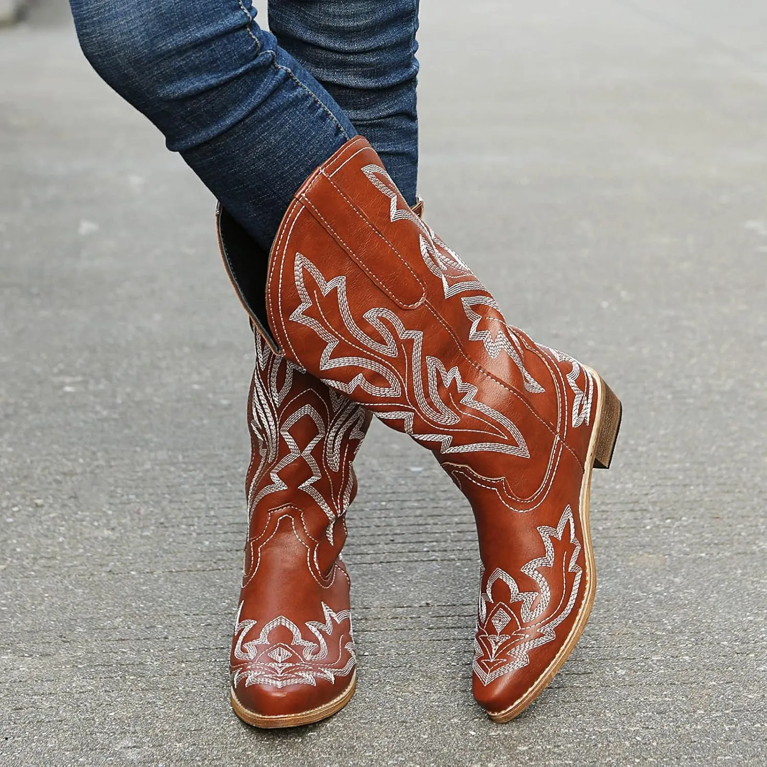 Cowgirl Boots Mid Calf Women's Cowboy Boots Mid Calf with Embroidery Cowgirl Boots Chunky Heel Western Boots Pull On