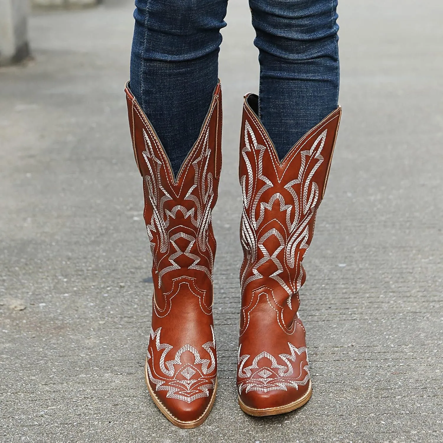 Cowgirl Boots Mid Calf Women's Cowboy Boots Mid Calf with Embroidery Cowgirl Boots Chunky Heel Western Boots Pull On