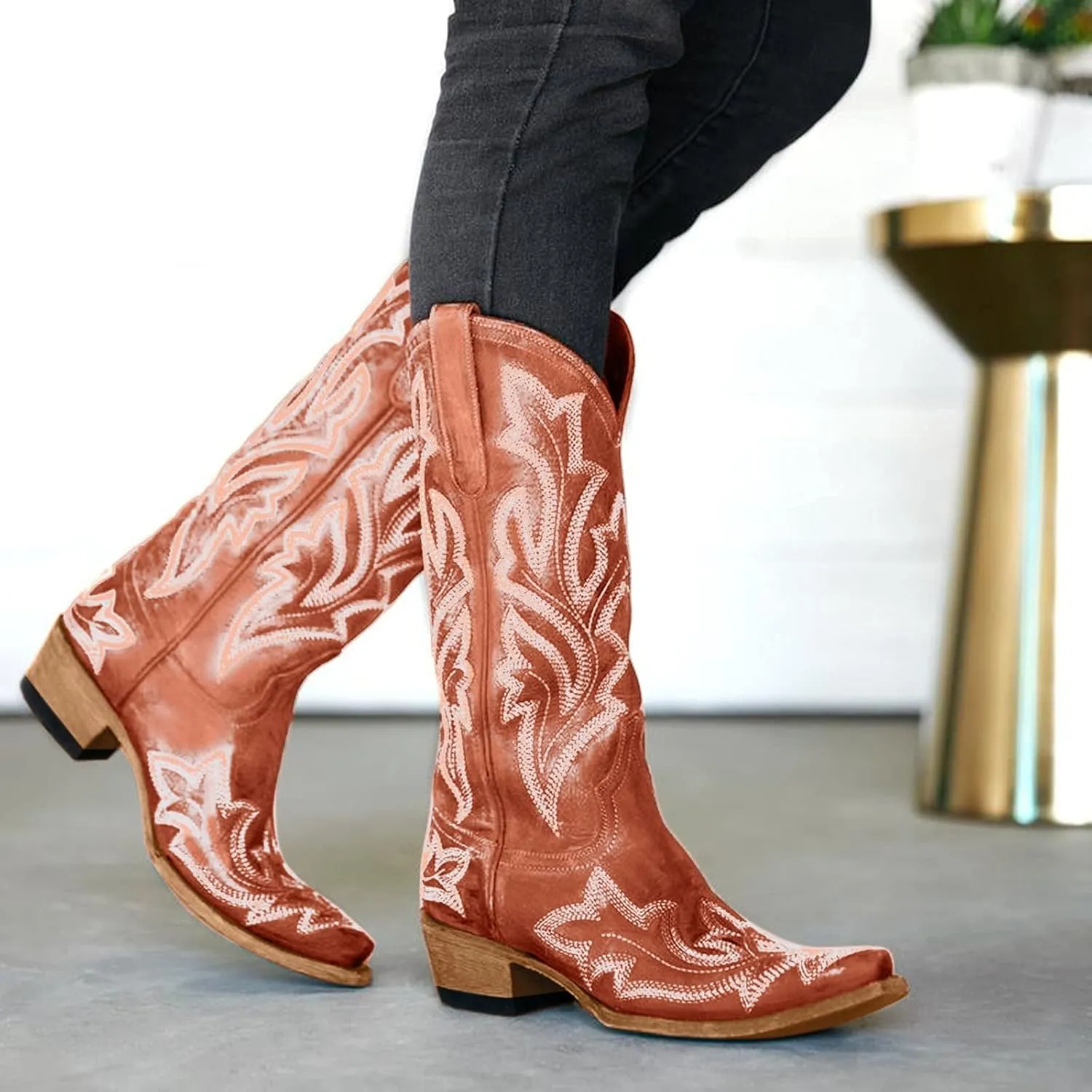 Cowgirl Boots Mid Calf Women's Cowboy Boots Mid Calf with Embroidery Cowgirl Boots Chunky Heel Western Boots Pull On