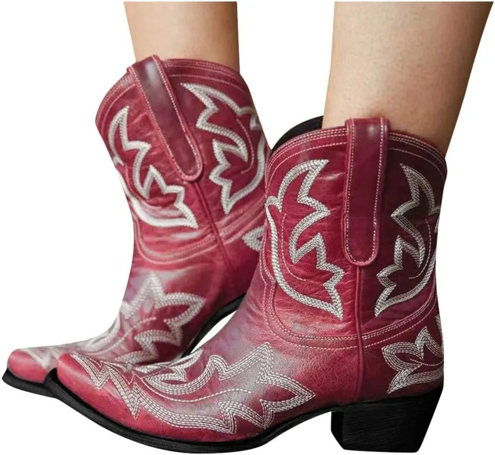 Cowgirl Boots Women Cowgirl Boots Women Slip on Pointed Toe Rubber Sole Stitched Embroidered Classic Western Boots