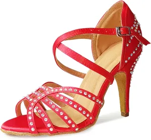 Dancing Heels for Women Stiletto Latin Tango Dance Shoes Rhinestones Bridal Wedding Sandals X518