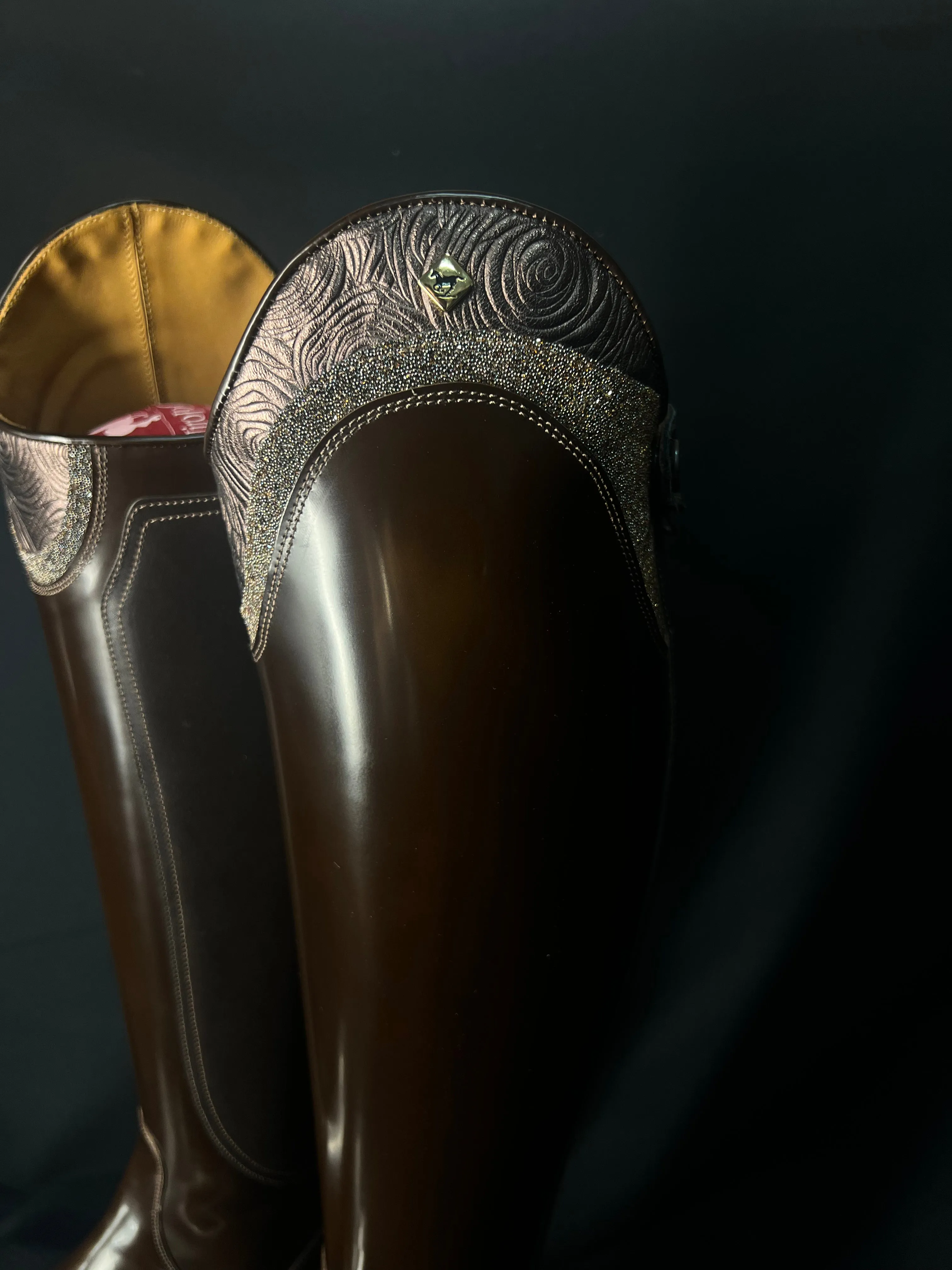 DeNiro S2601 Custom Dressage Boots Brushed Po Fondente w/ Roseto Brown and Lame Argento - In Stock