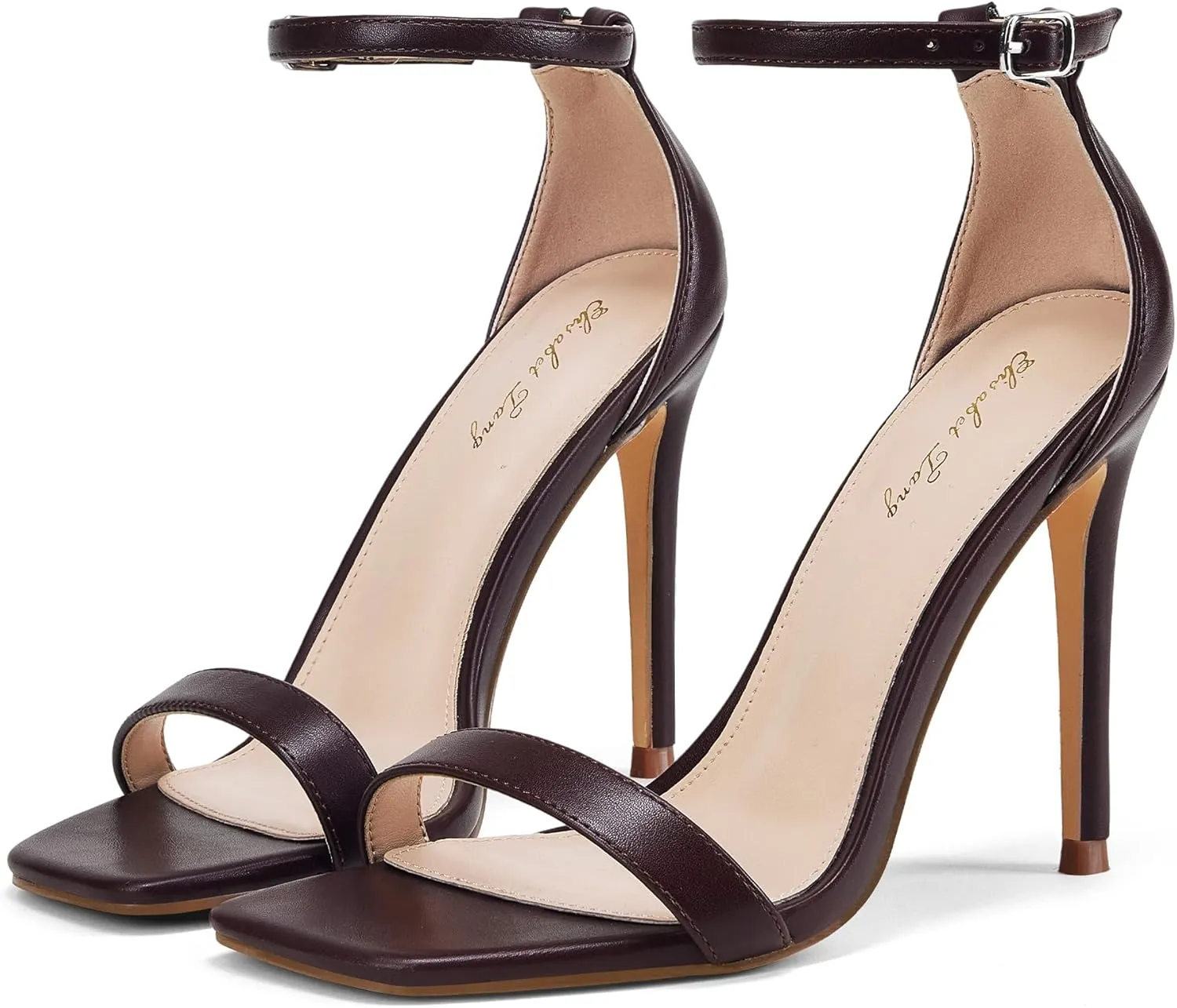 Elisabet Tang Women's Stiletto Heels Square Open Toe Ankle Strap High Heeled Sandals 4 Inch Comfort Sexy Dressy Shoes
