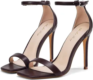 Elisabet Tang Women's Stiletto Heels Square Open Toe Ankle Strap High Heeled Sandals 4 Inch Comfort Sexy Dressy Shoes