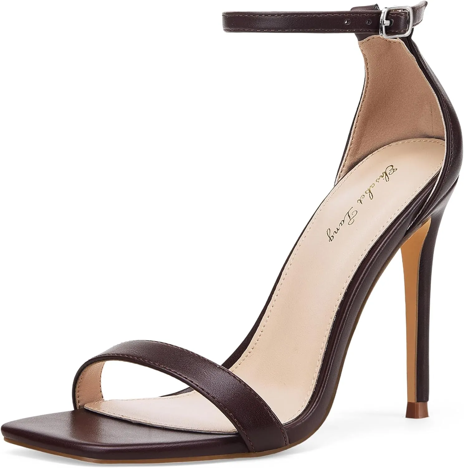 Elisabet Tang Women's Stiletto Heels Square Open Toe Ankle Strap High Heeled Sandals 4 Inch Comfort Sexy Dressy Shoes