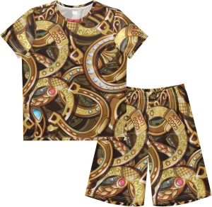 Exnundod Boys Shorts Set Cartoon Bright Gold Horseshoes Athletic Short Sets Basketball Casual Kids Summer Outfits 6-14Y