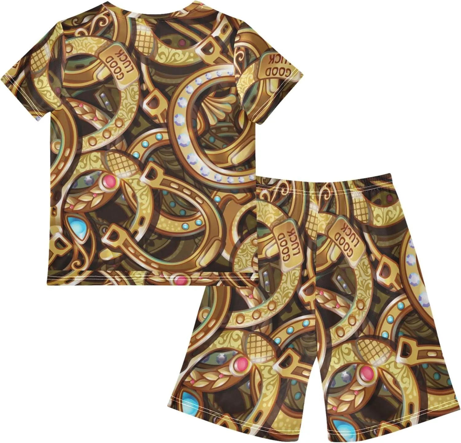 Exnundod Boys Shorts Set Cartoon Bright Gold Horseshoes Athletic Short Sets Basketball Casual Kids Summer Outfits 6-14Y