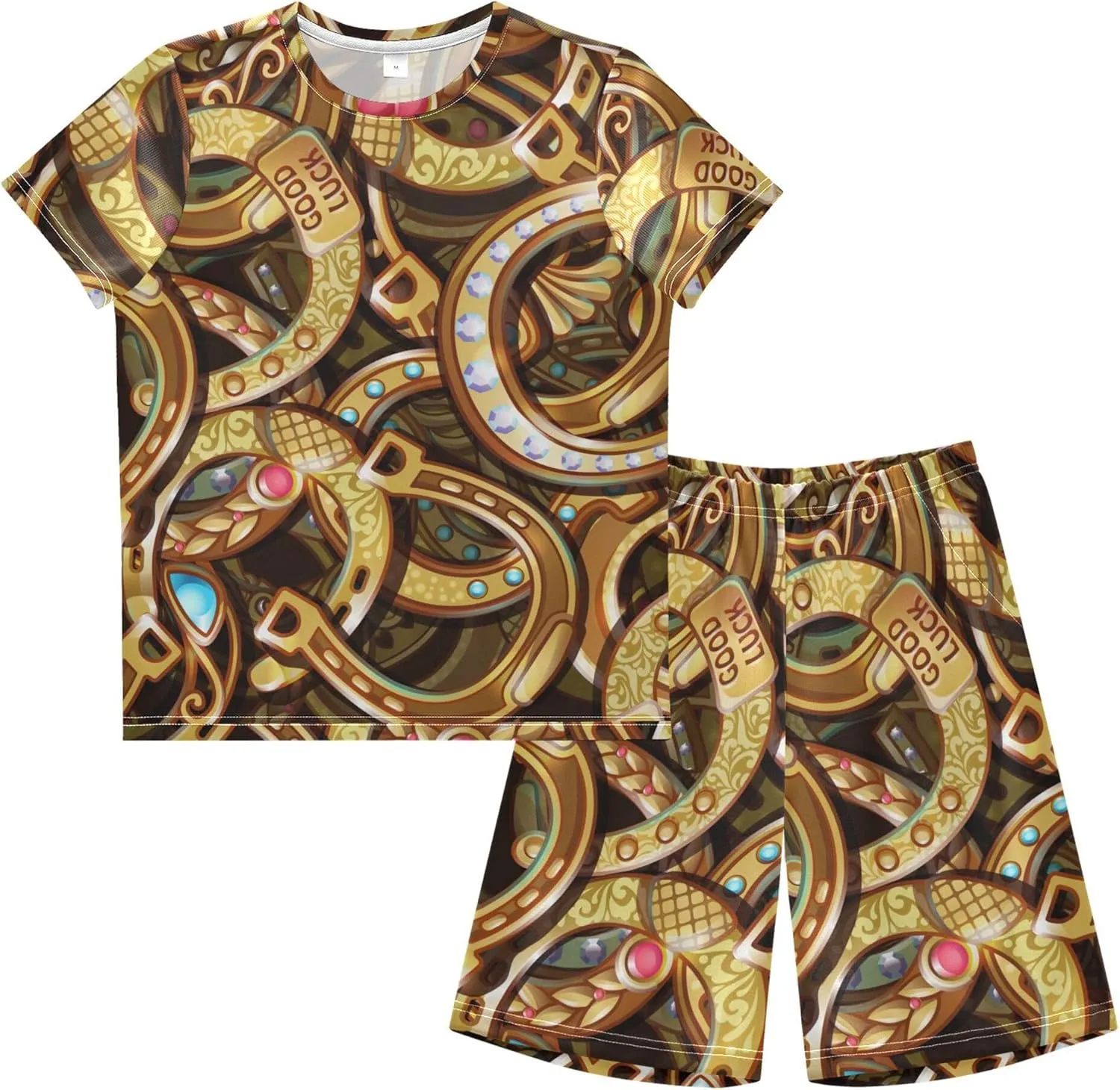 Exnundod Boys Shorts Set Cartoon Bright Gold Horseshoes Athletic Short Sets Basketball Casual Kids Summer Outfits 6-14Y