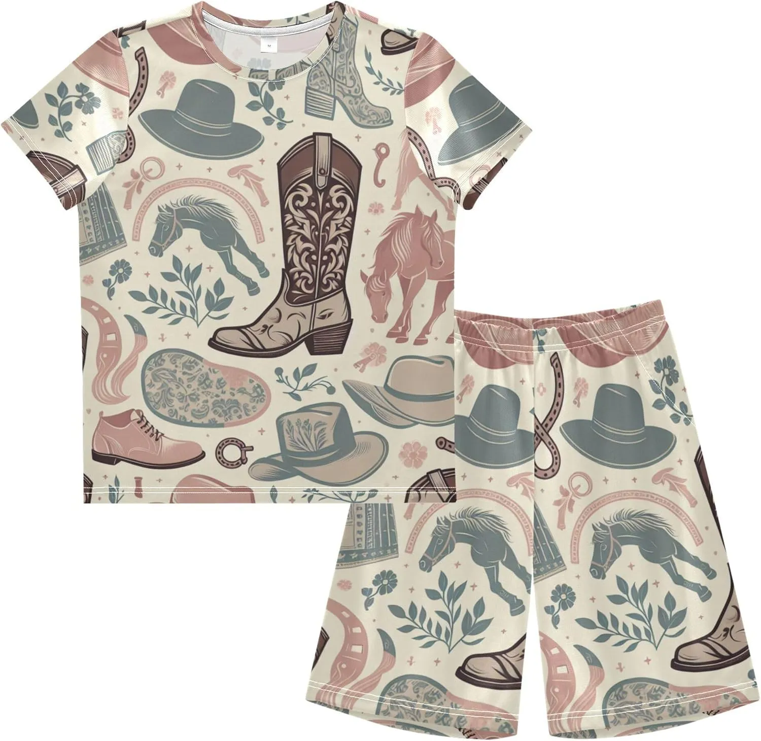 Exnundod Boys Shorts Set Horseshoe and Boot Athletic Short Sets Basketball Casual Kids Summer Outfits 6-14Y