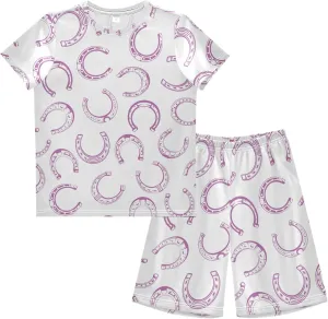 Exnundod Boys Shorts Set Pink Horseshoe Pattern Athletic Short Sets Basketball Casual Kids Summer Outfits 6-14Y