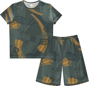 Exnundod Boys Shorts Set Tire Tracks Shoes Print Athletic Short Sets Basketball Casual Kids Summer Outfits 6-14Y