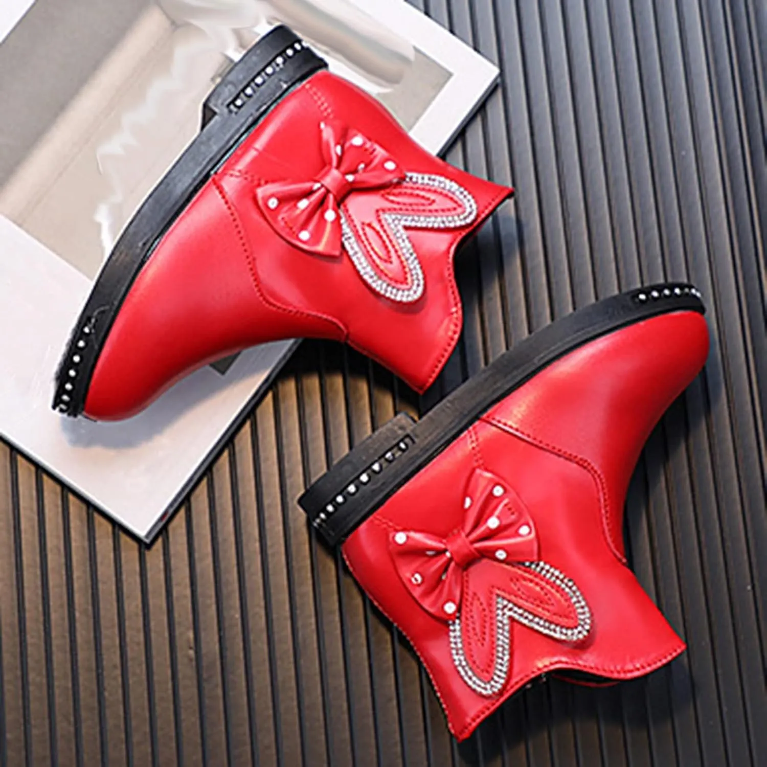 Fashion Autumn Winter Girls Boots Low Heel Flat Bottom Non Slip Bowknot Solid Side Zipper Comfortable Youth Booties