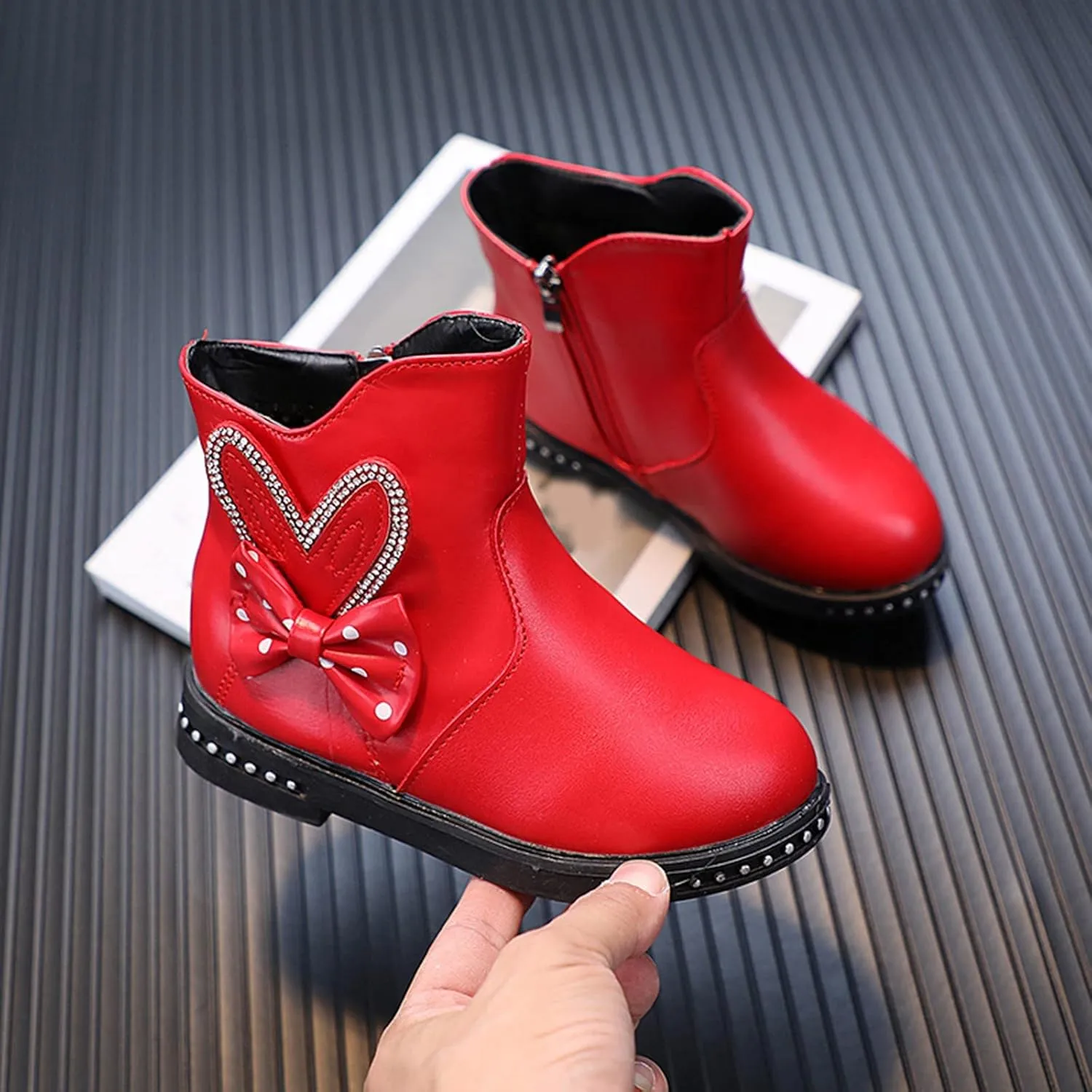 Fashion Autumn Winter Girls Boots Low Heel Flat Bottom Non Slip Bowknot Solid Side Zipper Comfortable Youth Booties