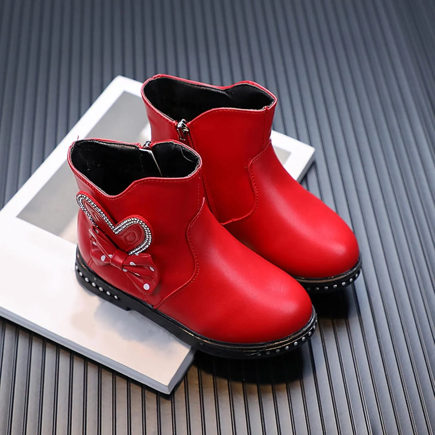 Fashion Autumn Winter Girls Boots Low Heel Flat Bottom Non Slip Bowknot Solid Side Zipper Comfortable Youth Booties