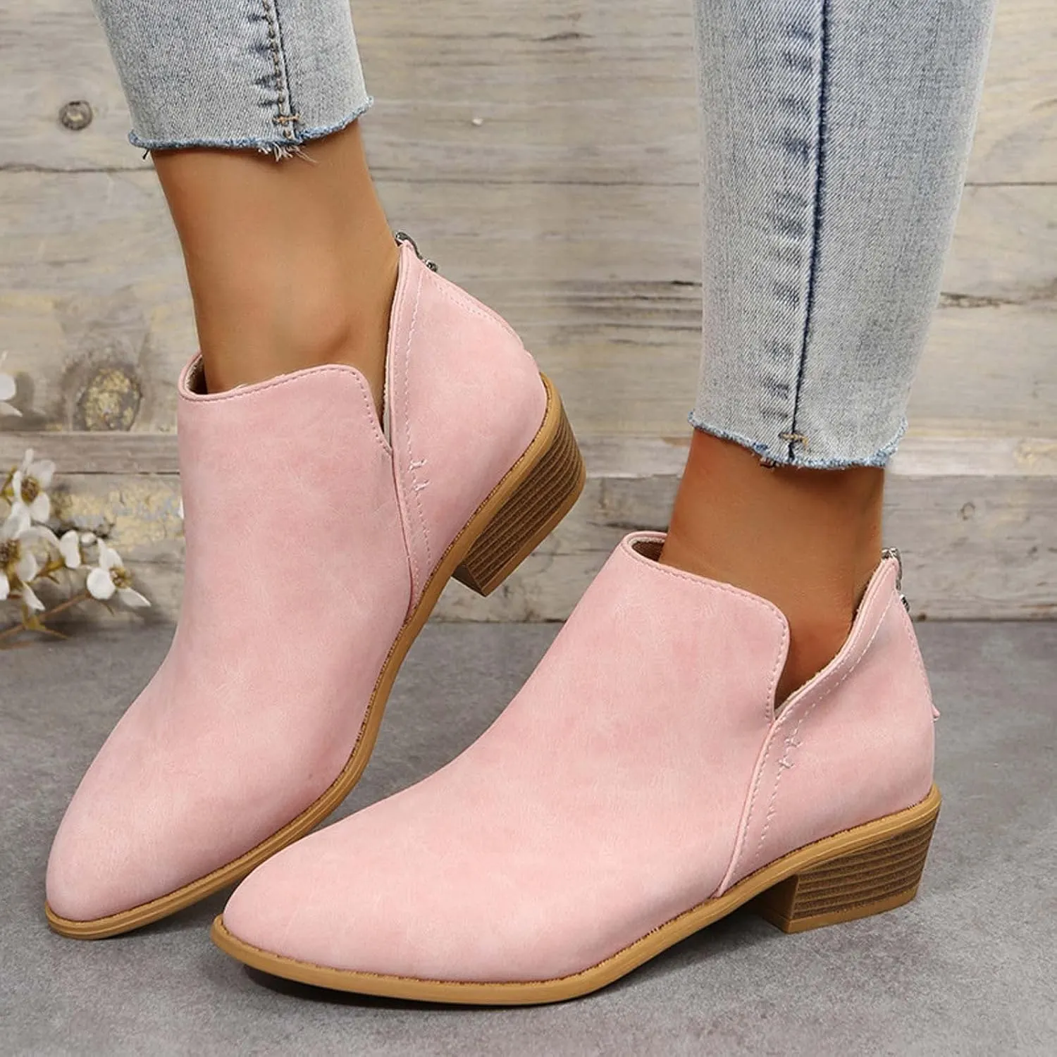 Fashion Boots for Women Chunky Heel Pointed Toe V Cutout Back Zipper Block Low Heel Ankle Booties Fall Solid Casual Comfy Outdoor Ladies Shoes