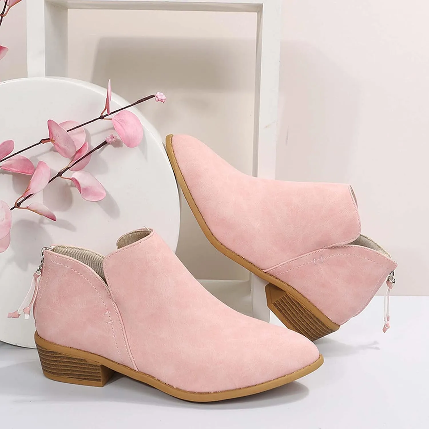 Fashion Boots for Women Chunky Heel Pointed Toe V Cutout Back Zipper Block Low Heel Ankle Booties Fall Solid Casual Comfy Outdoor Ladies Shoes