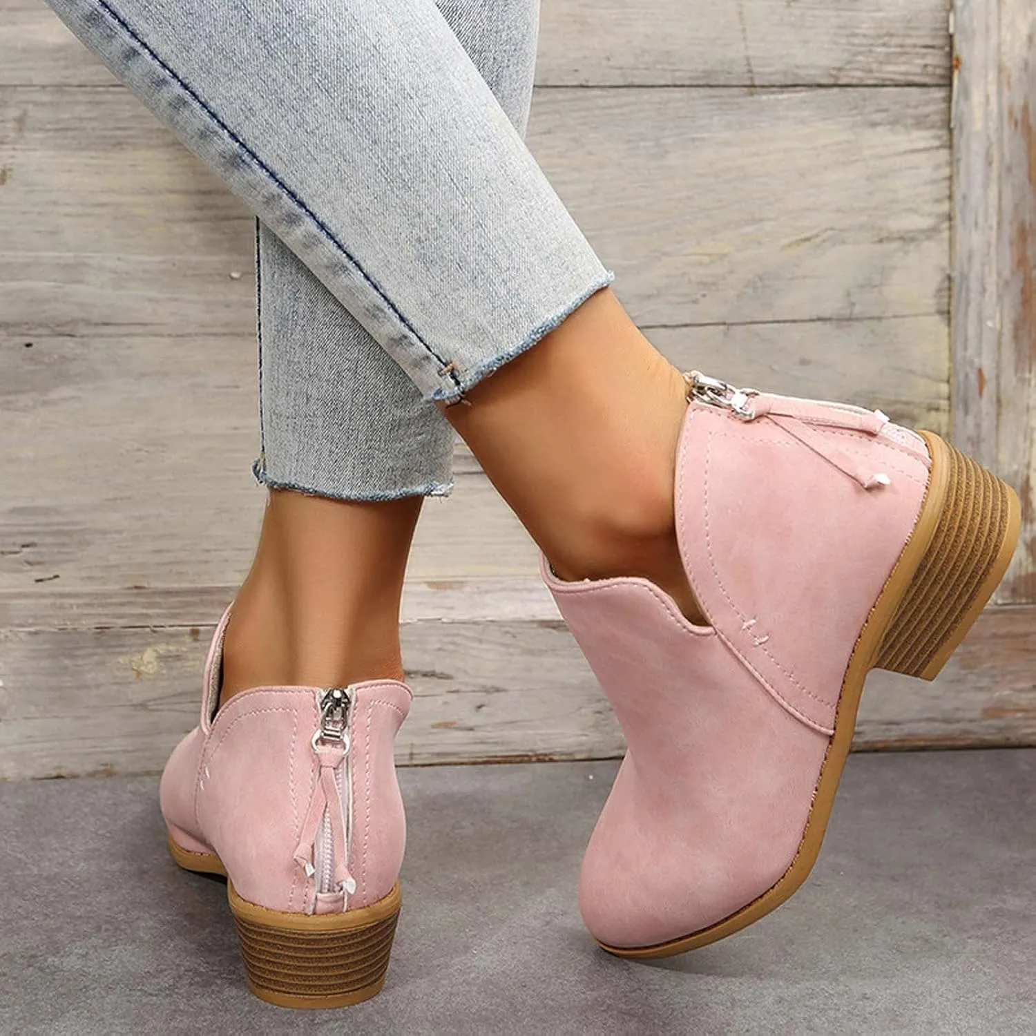 Fashion Boots for Women Chunky Heel Pointed Toe V Cutout Back Zipper Block Low Heel Ankle Booties Fall Solid Casual Comfy Outdoor Ladies Shoes