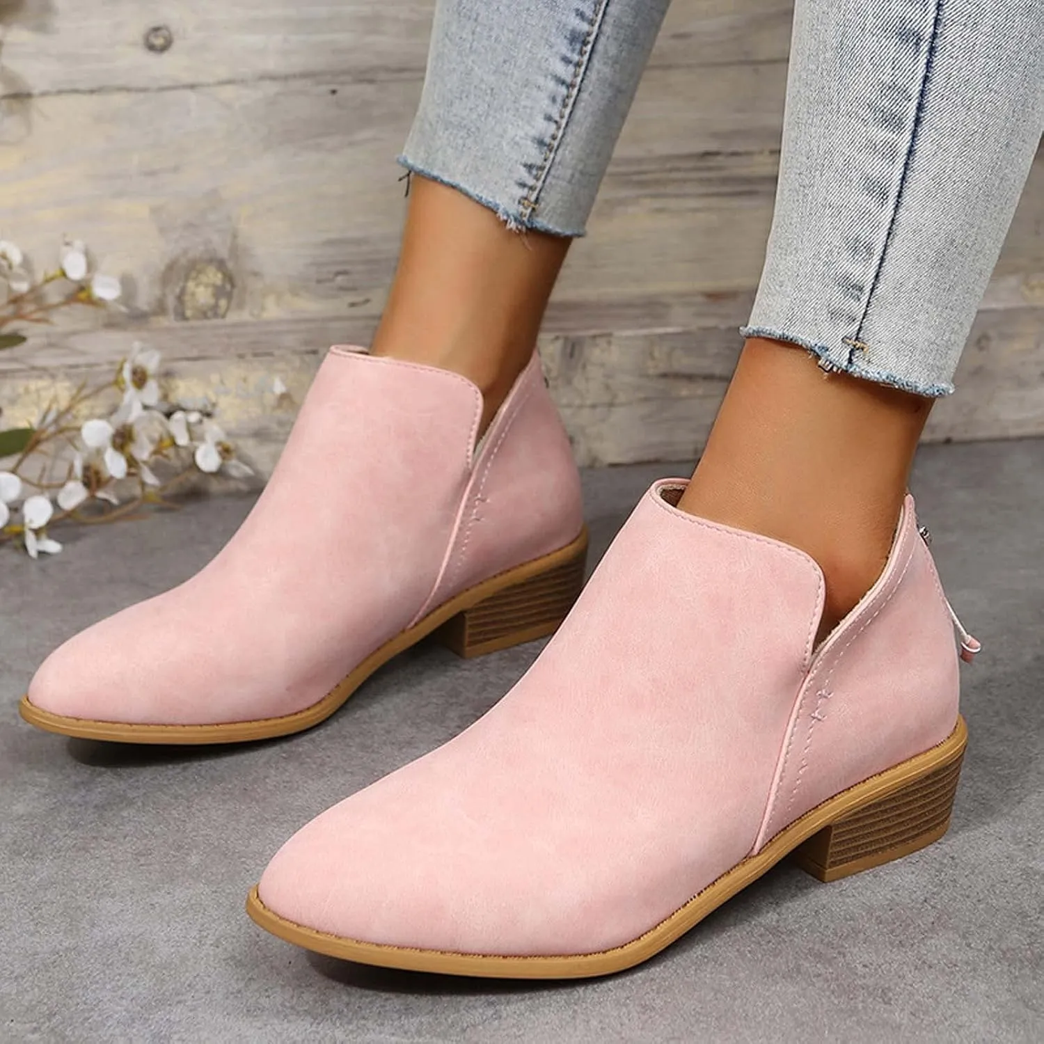 Fashion Boots for Women Chunky Heel Pointed Toe V Cutout Back Zipper Block Low Heel Ankle Booties Fall Solid Casual Comfy Outdoor Ladies Shoes