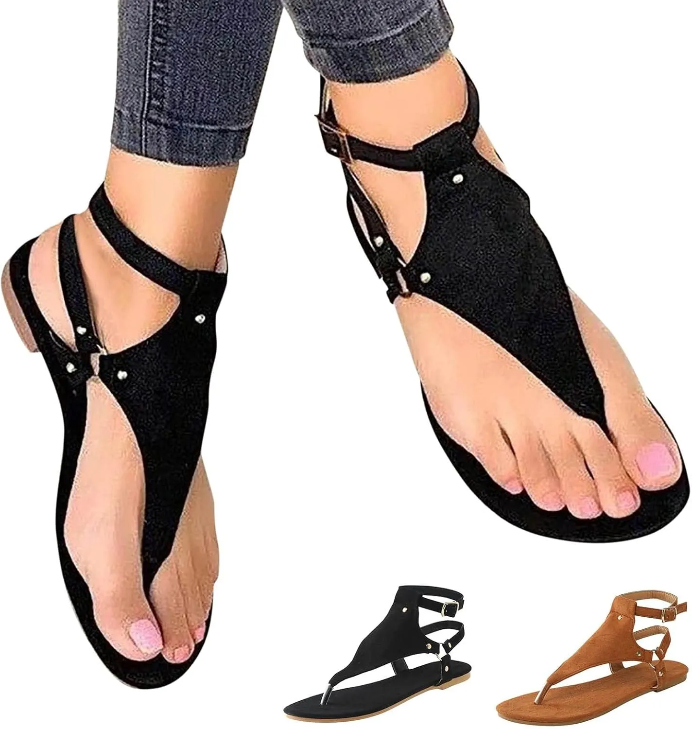 Flat Sandals for Women Roman Slide Slippers Comfortable Ankle Strap T-Strap Flip Flops Beach Outdoor Gladiator Shoes