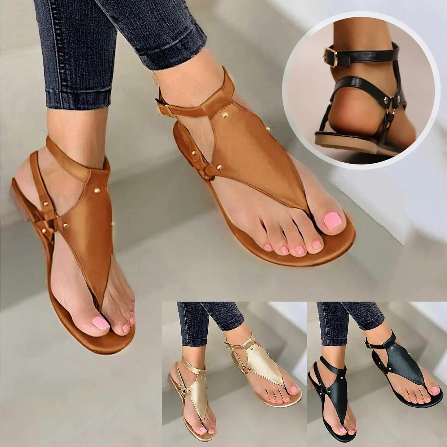 Flat Sandals for Women Roman Slide Slippers Comfortable Ankle Strap T-Strap Flip Flops Beach Outdoor Gladiator Shoes