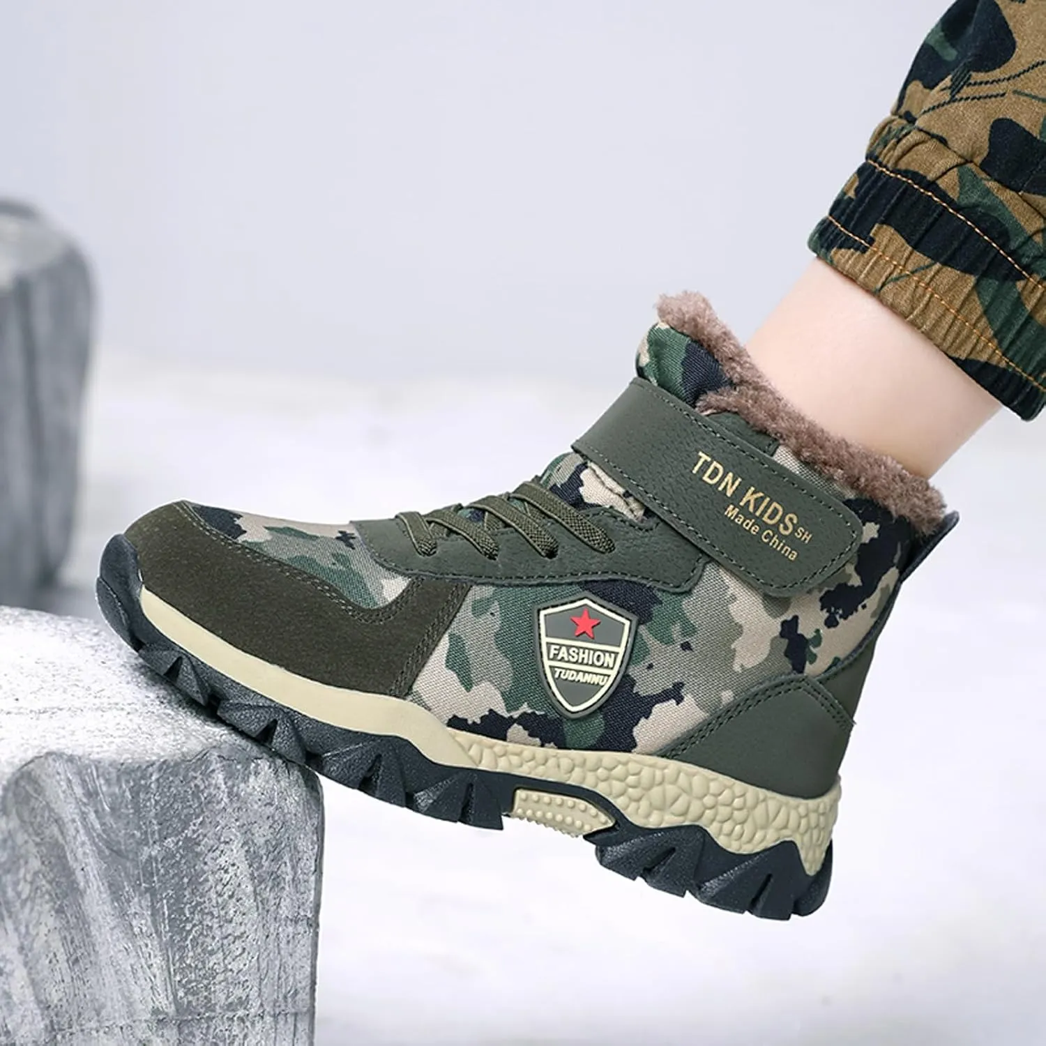 FLIOZY Kids Hiking Boots Boys Camouflage Walking Climbing Sneaker Outdoor Non-slip Warm Winter Snow Boots