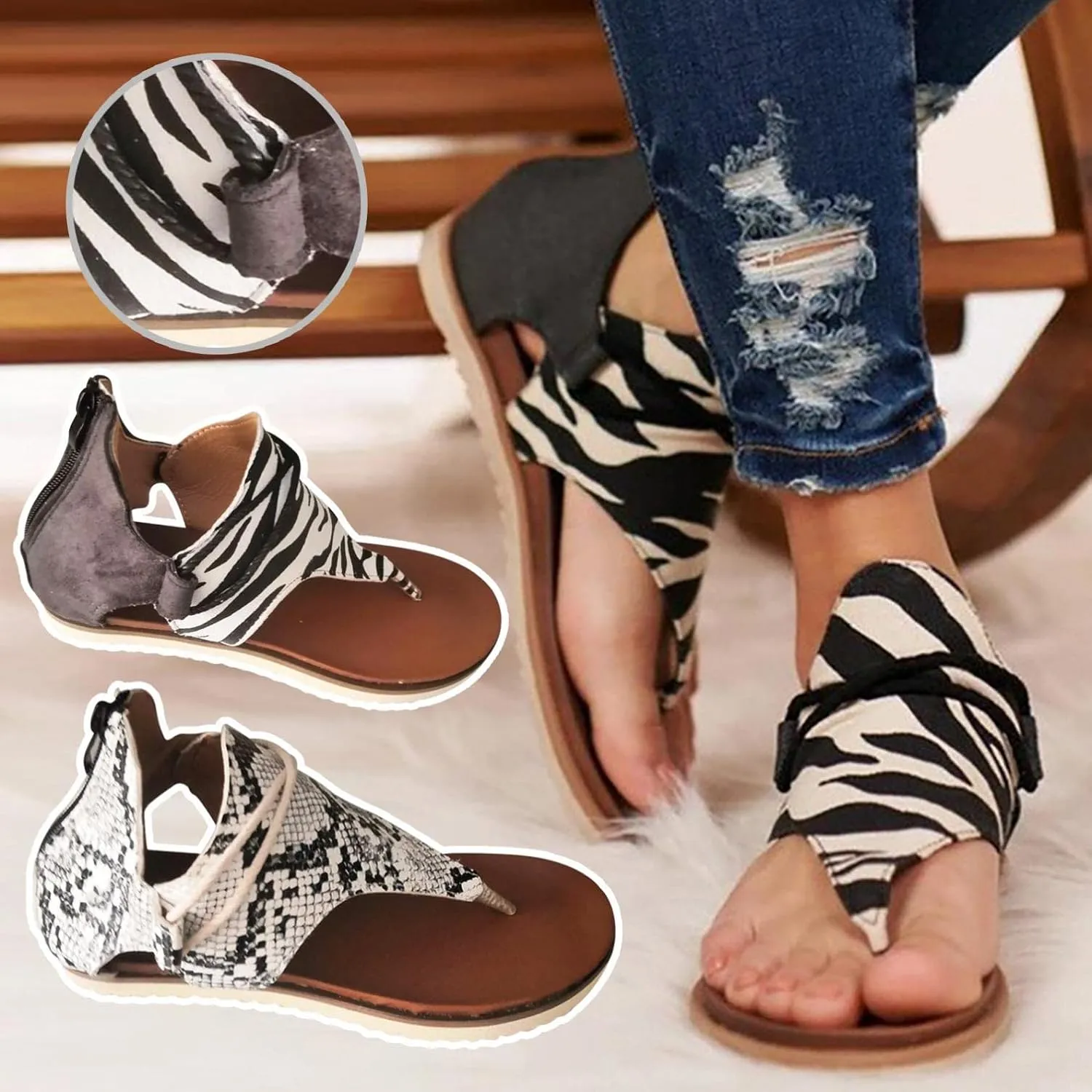 Gibobby Sandals for Women Gladiator Boho Thong Sandals Beach Shoes Back Zip Flats Heel Clip-Toe Sandal Summer Casual Flat Shoes