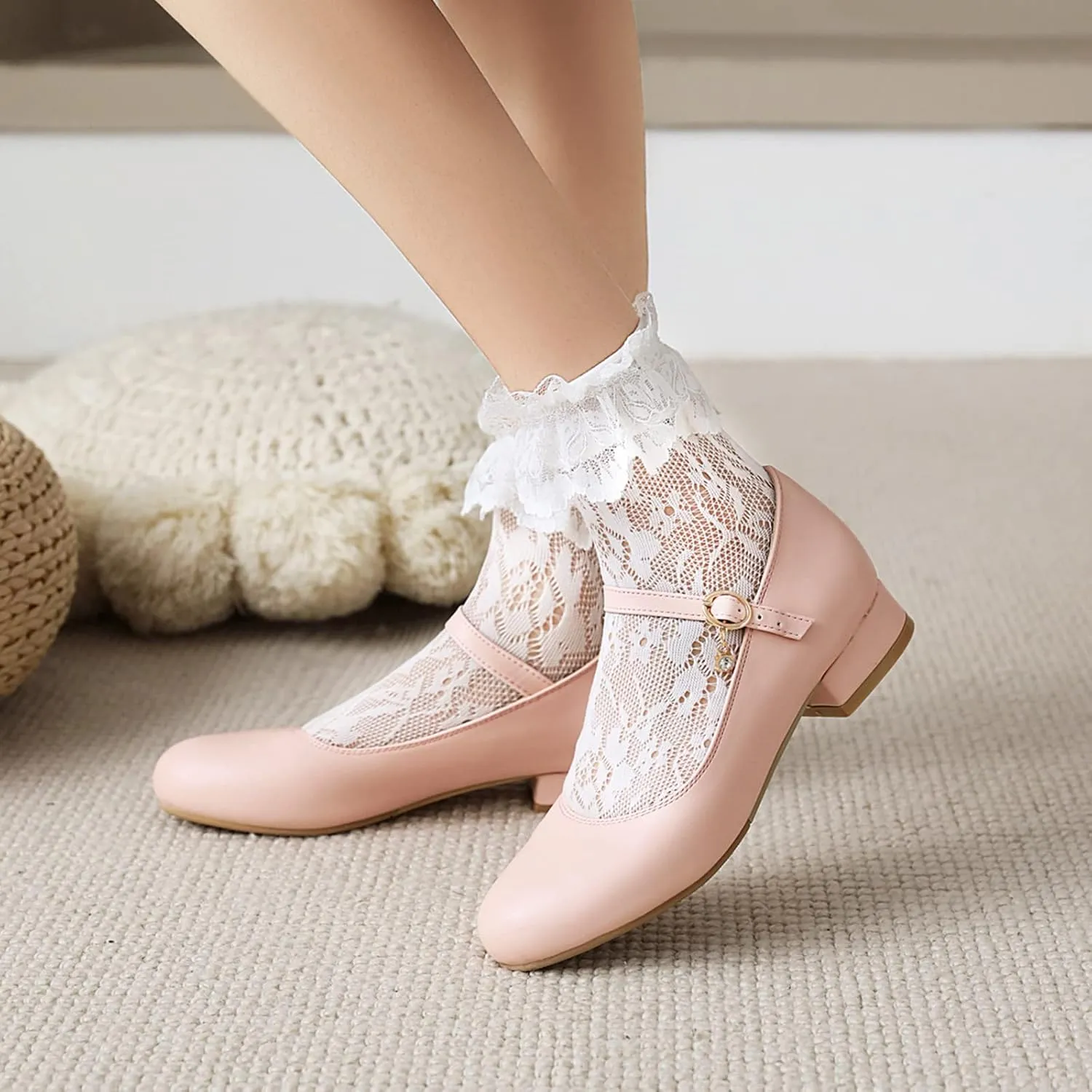 Gicoiz Round Toe Mary Jane Womens Girls Block Mid Heels Court Shoes