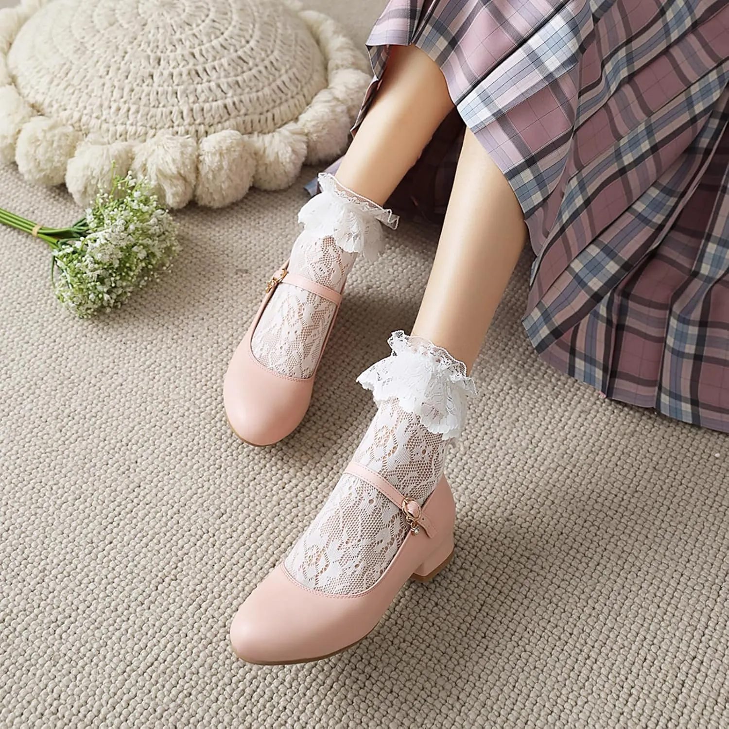 Gicoiz Round Toe Mary Jane Womens Girls Block Mid Heels Court Shoes
