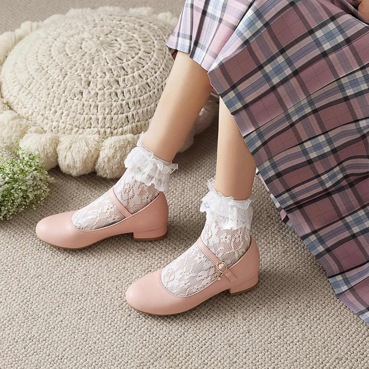 Gicoiz Round Toe Mary Jane Womens Girls Block Mid Heels Court Shoes
