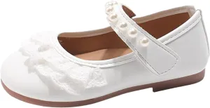 Girls Dress Shoes Mary Jane Flats for Flower Girls Party Leather Dress Shoes with Pearl Strap Kids Wedding Sandals