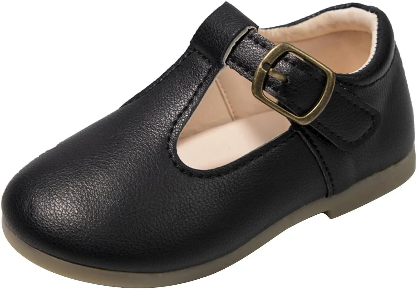 Girls Leather Dress Shoes Mary Jane Ballet Flats Kids School T Strap Walking Shoes for Toddler Baby Wedding Party