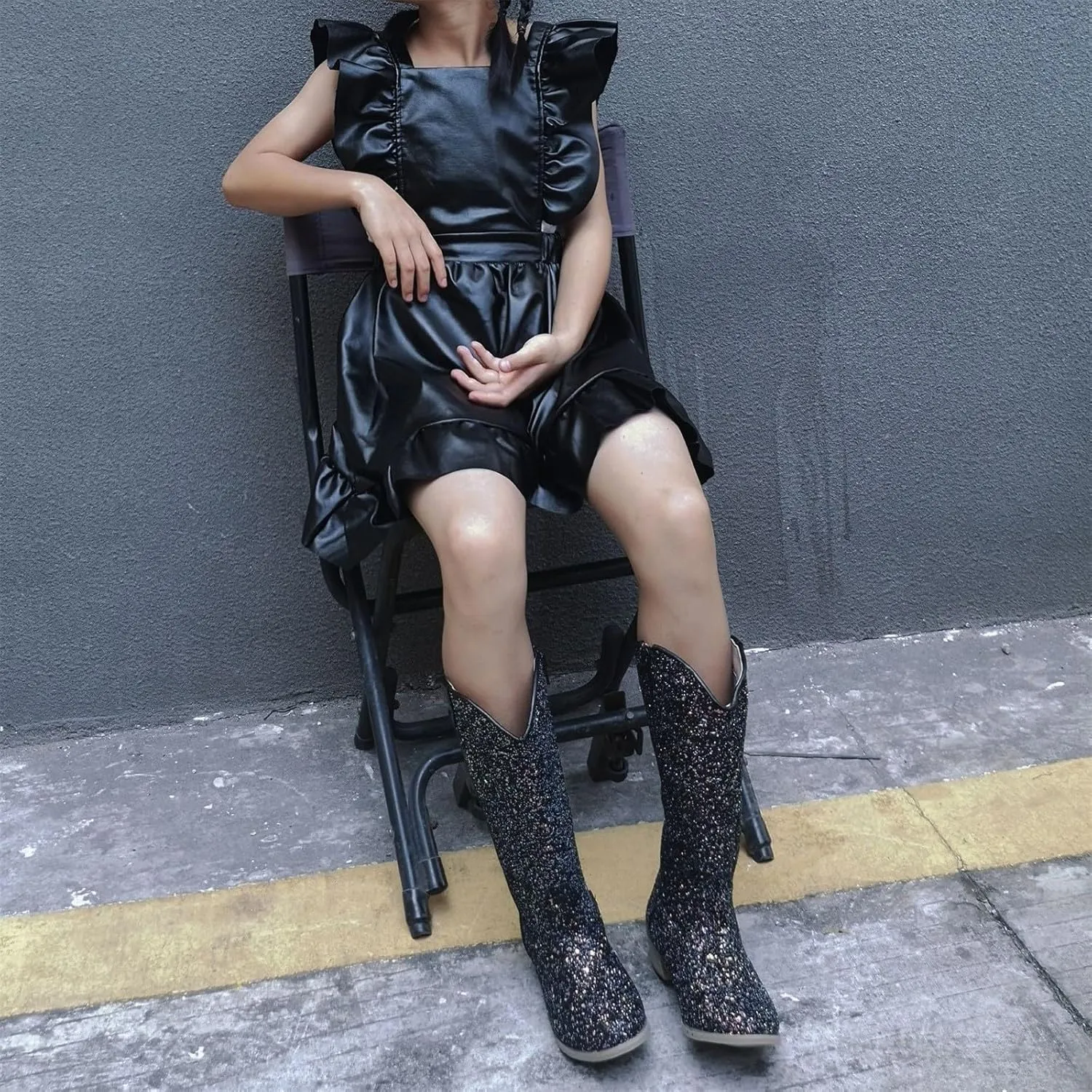 Girls Sequin Sparkly Cowboy Boots Kids ??hinestone Glitter Low Heel Wedding Dress Booties Western Girls Boots Wedge Heel