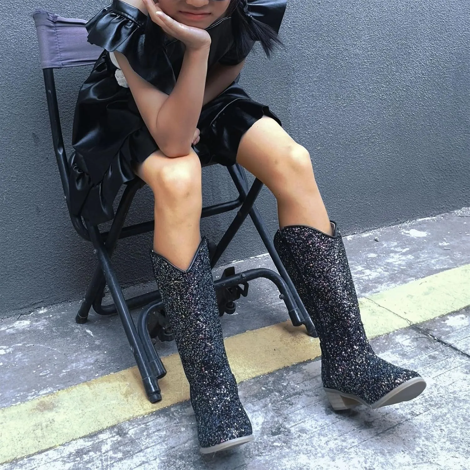 Girls Sequin Sparkly Cowboy Boots Kids ??hinestone Glitter Low Heel Wedding Dress Booties Western Girls Boots Wedge Heel