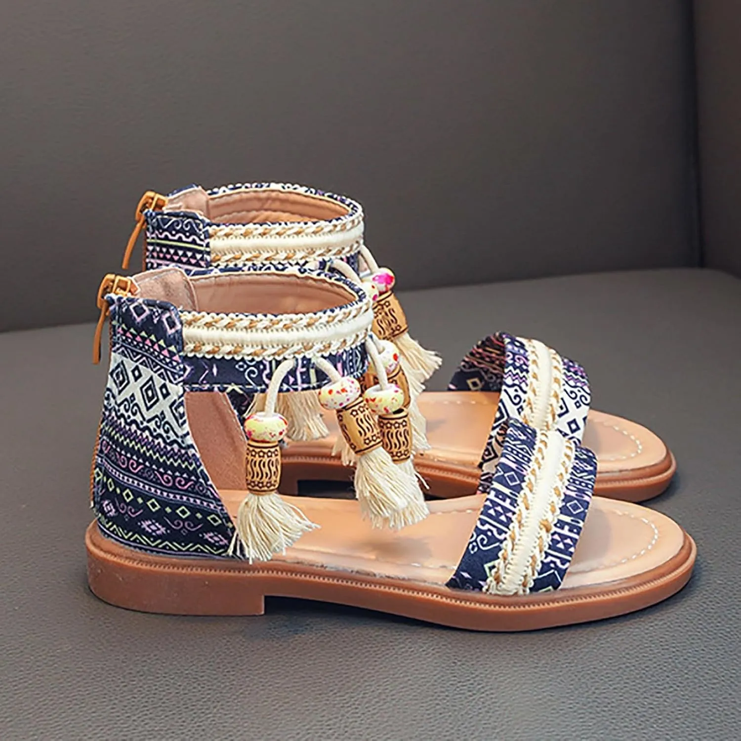 Girls Summer Bohemian Sandals Kids Summer Beach Vacation Open Toe Ankle Strap with Tassel Flat Gladiator Sandal