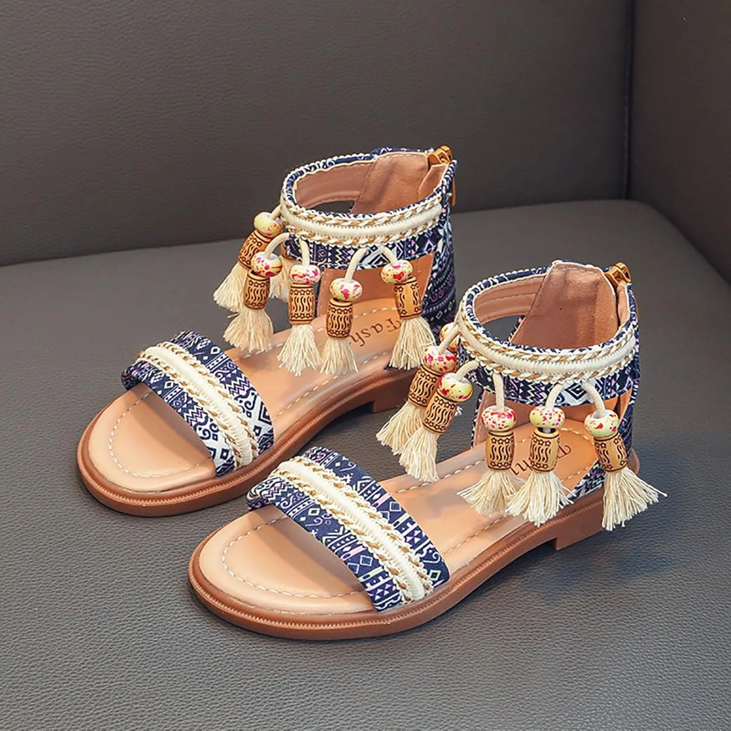 Girls Summer Bohemian Sandals Kids Summer Beach Vacation Open Toe Ankle Strap with Tassel Flat Gladiator Sandal