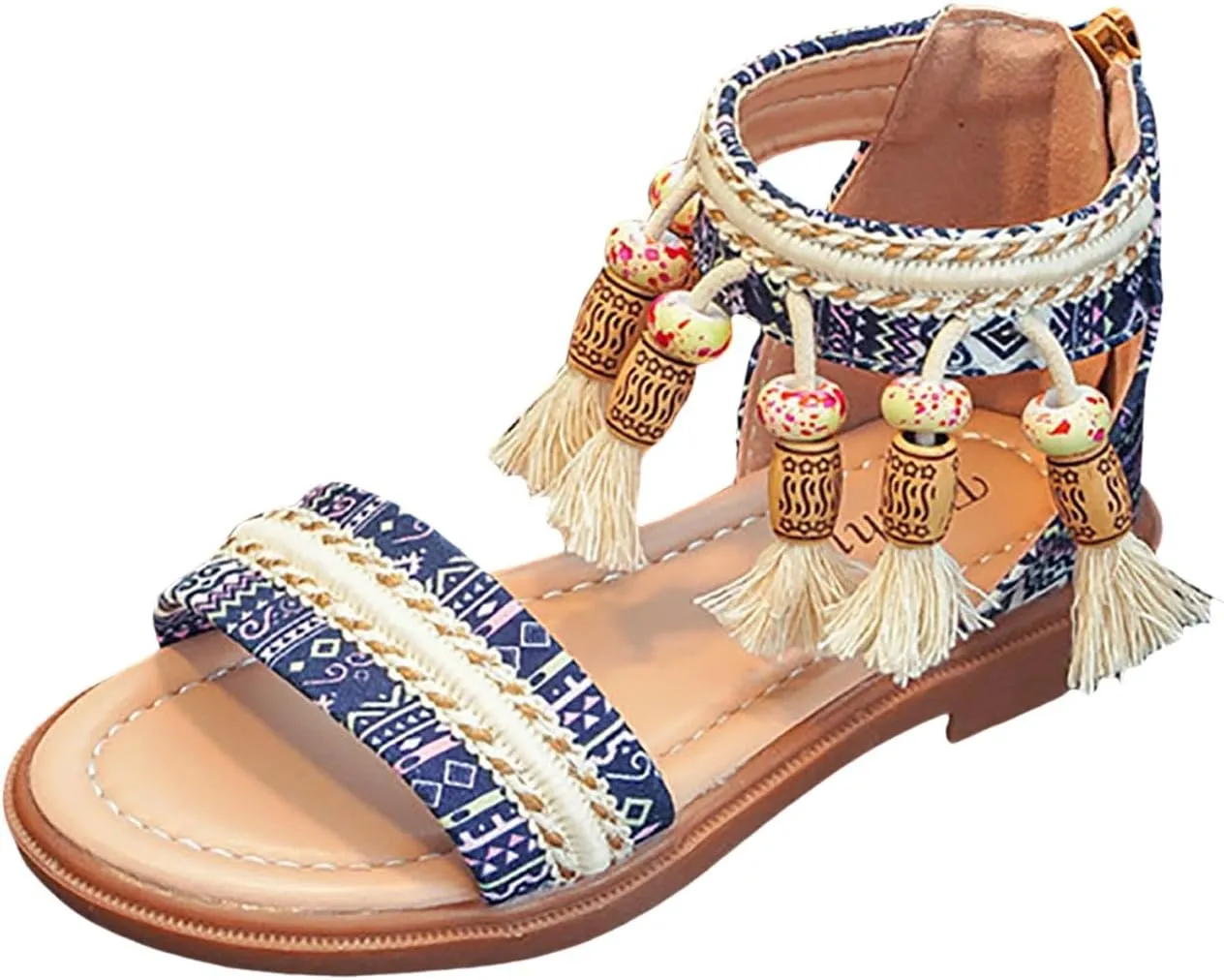 Girls Summer Bohemian Sandals Kids Summer Beach Vacation Open Toe Ankle Strap with Tassel Flat Gladiator Sandal