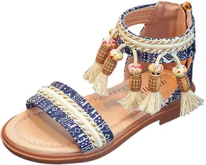 Girls Summer Bohemian Sandals Kids Summer Beach Vacation Open Toe Ankle Strap with Tassel Flat Gladiator Sandal