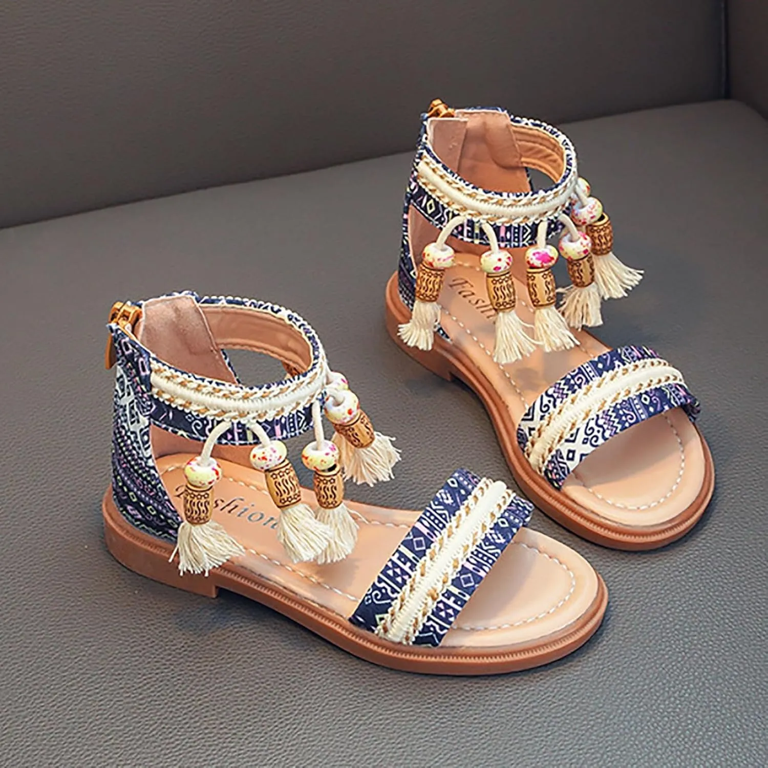Girls Summer Bohemian Sandals Kids Summer Beach Vacation Open Toe Ankle Strap with Tassel Flat Gladiator Sandal