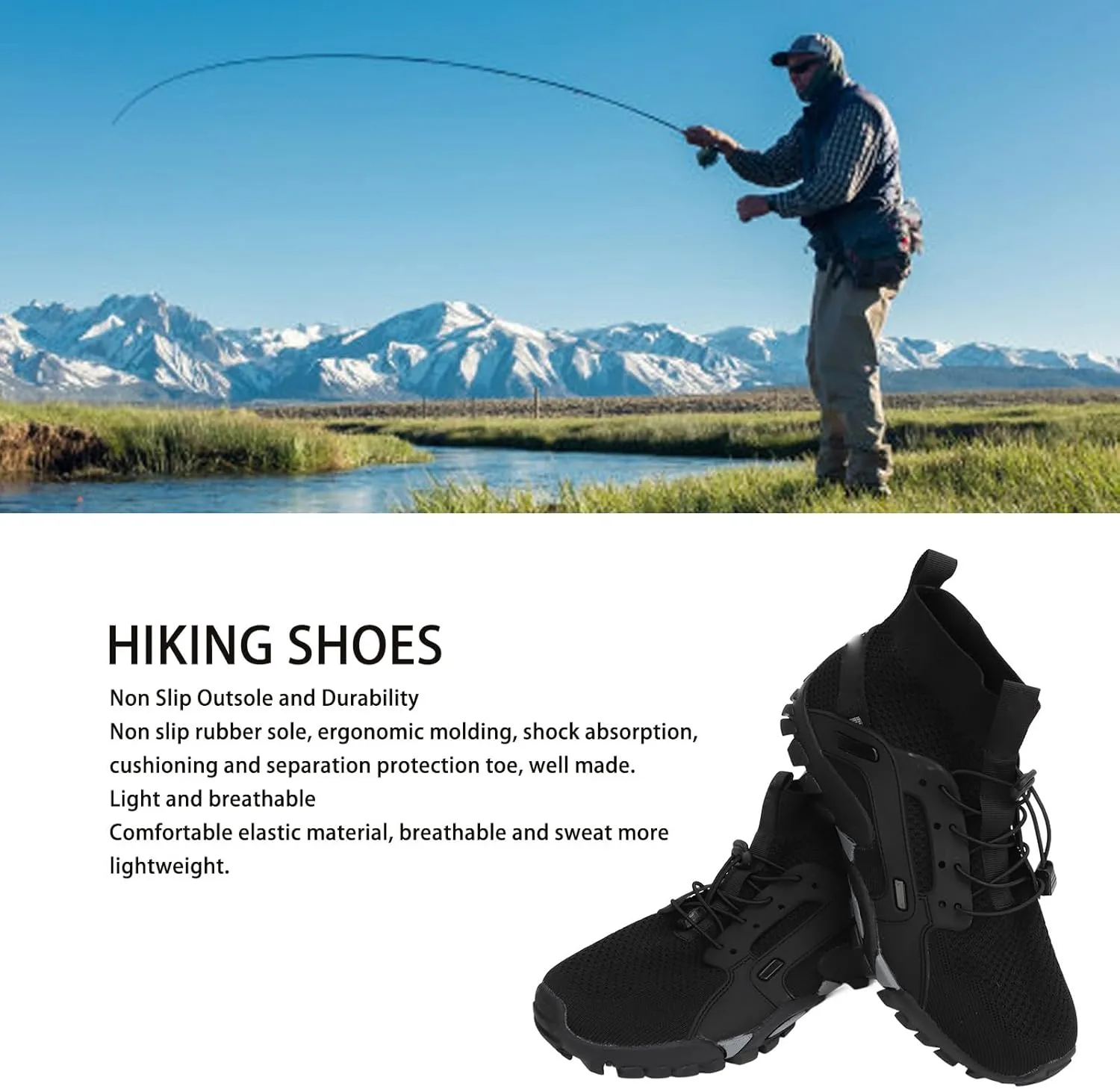 GLOGLOW Hiking Shoes, Artificial Rubber Elastic Fiber Black Comfortable Outdoor Sports Shoes Nonslip Outsole for Hiking