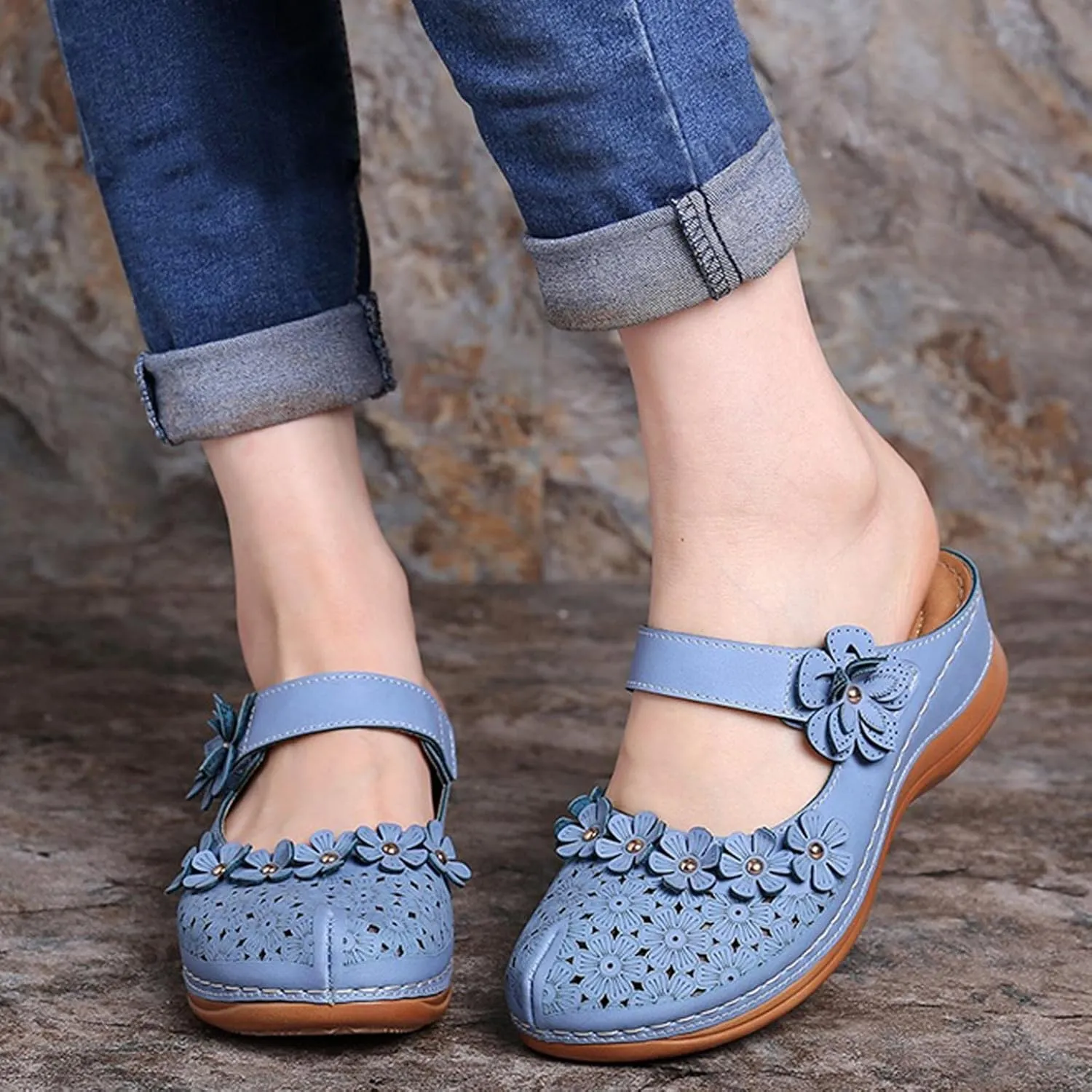 Hbeylia Platform Sandals For Women,Ladies Summer Slip On Flower Design Hollow Out Buckle Chunky Platform Wedge Orthopedic Sandals for Women With Arch Support