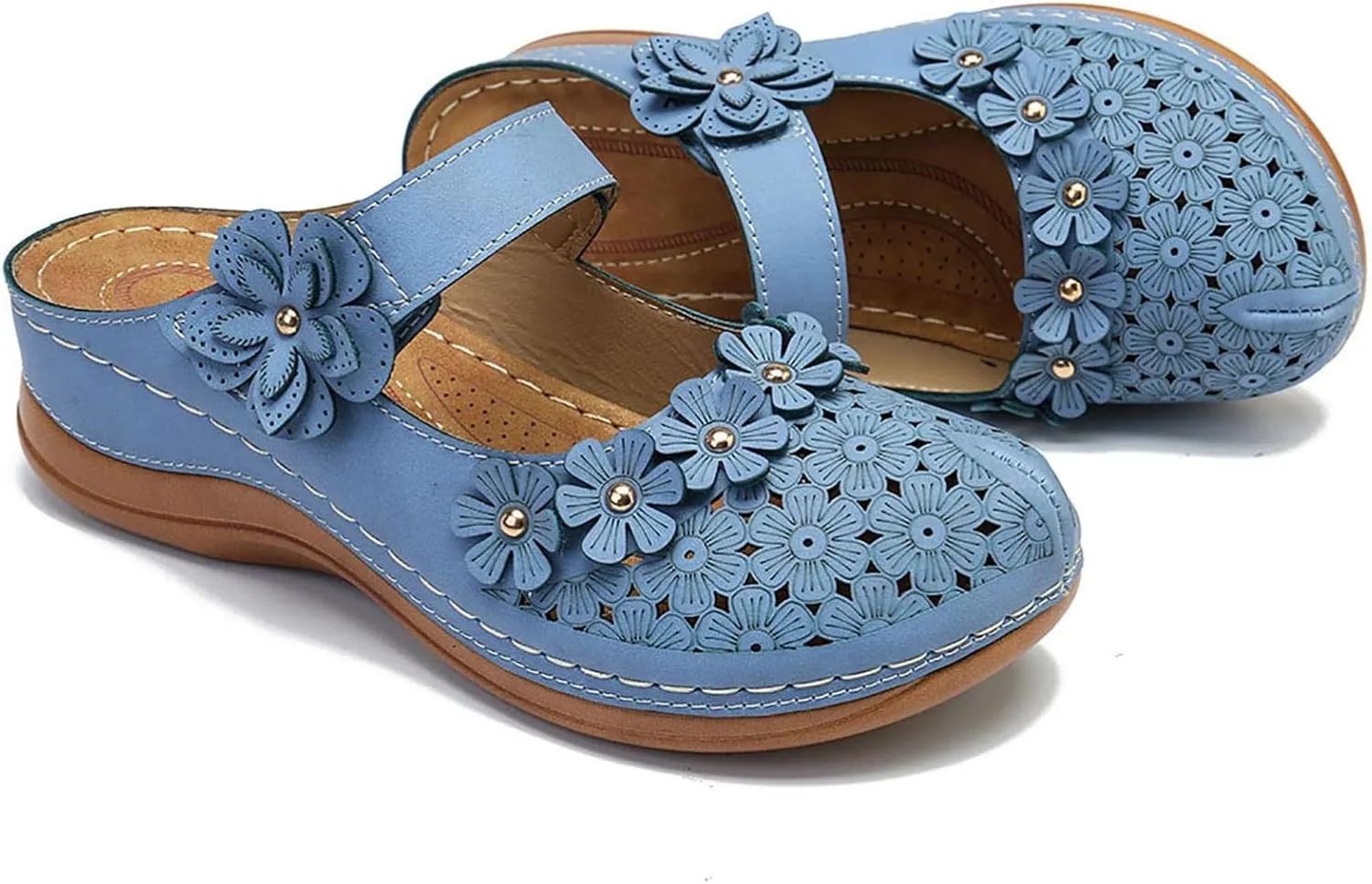 Hbeylia Platform Sandals For Women,Ladies Summer Slip On Flower Design Hollow Out Buckle Chunky Platform Wedge Orthopedic Sandals for Women With Arch Support