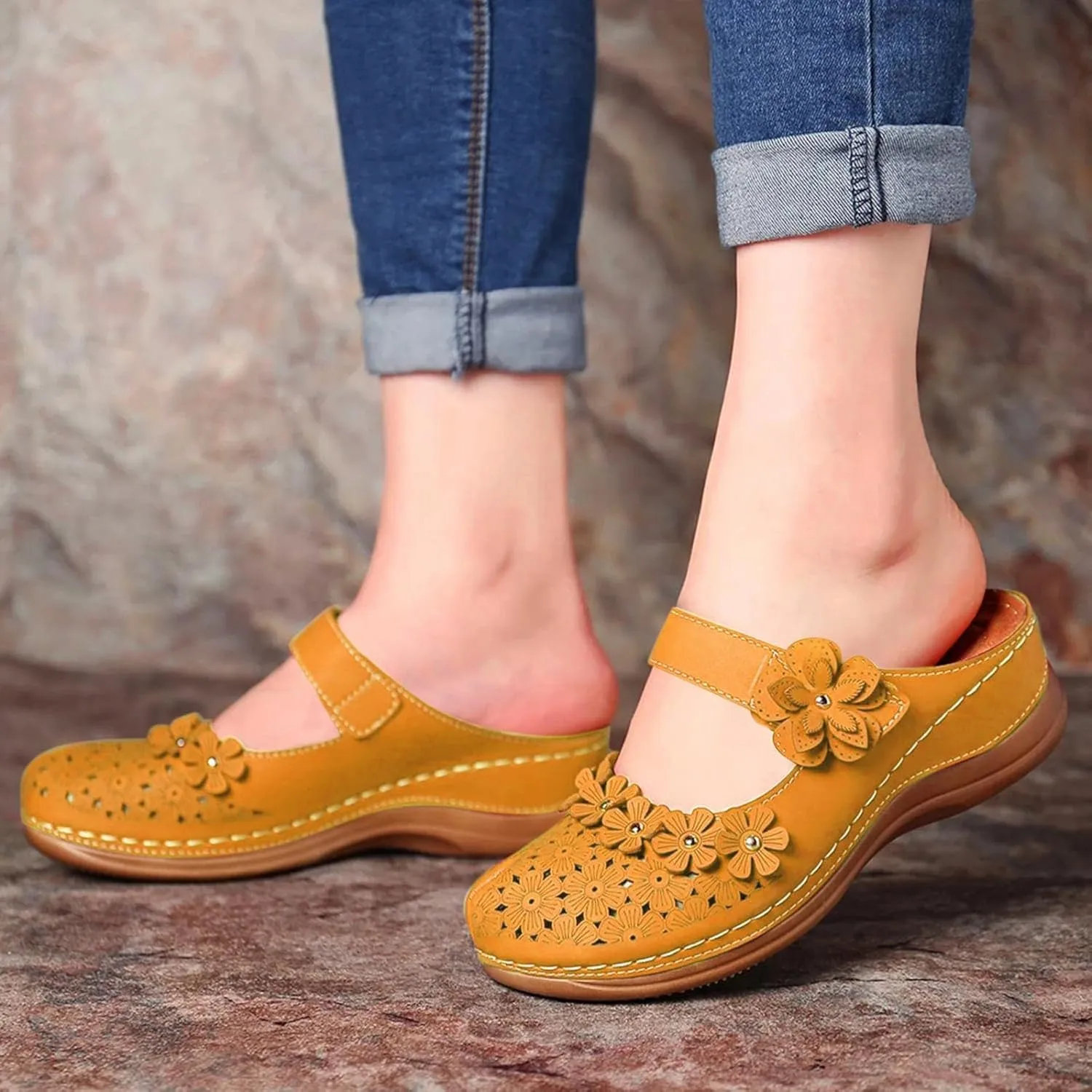 Hbeylia Platform Sandals For Women,Ladies Summer Slip On Flower Design Hollow Out Buckle Chunky Platform Wedge Orthopedic Sandals for Women With Arch Support