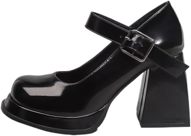 High Heels Women's high Heels Thick Heels Retro Shoes Thick Sole Waterproof Platform Round Toe one-Strap Leather Shoes