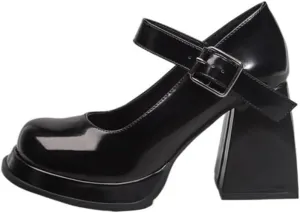 High Heels Women's high Heels Thick Heels Retro Shoes Thick Sole Waterproof Platform Round Toe one-Strap Leather Shoes