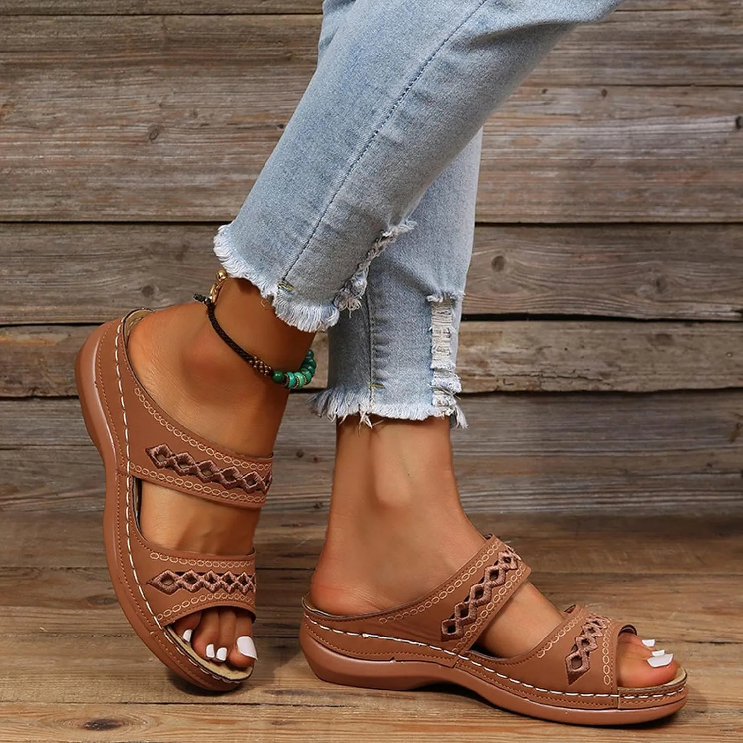HINDOLA Women's Orthopedic Sandals Slip-on Open Toe Flatform Flip Flops Summer Walking Slippers with Arch Support Orthotic Sandals