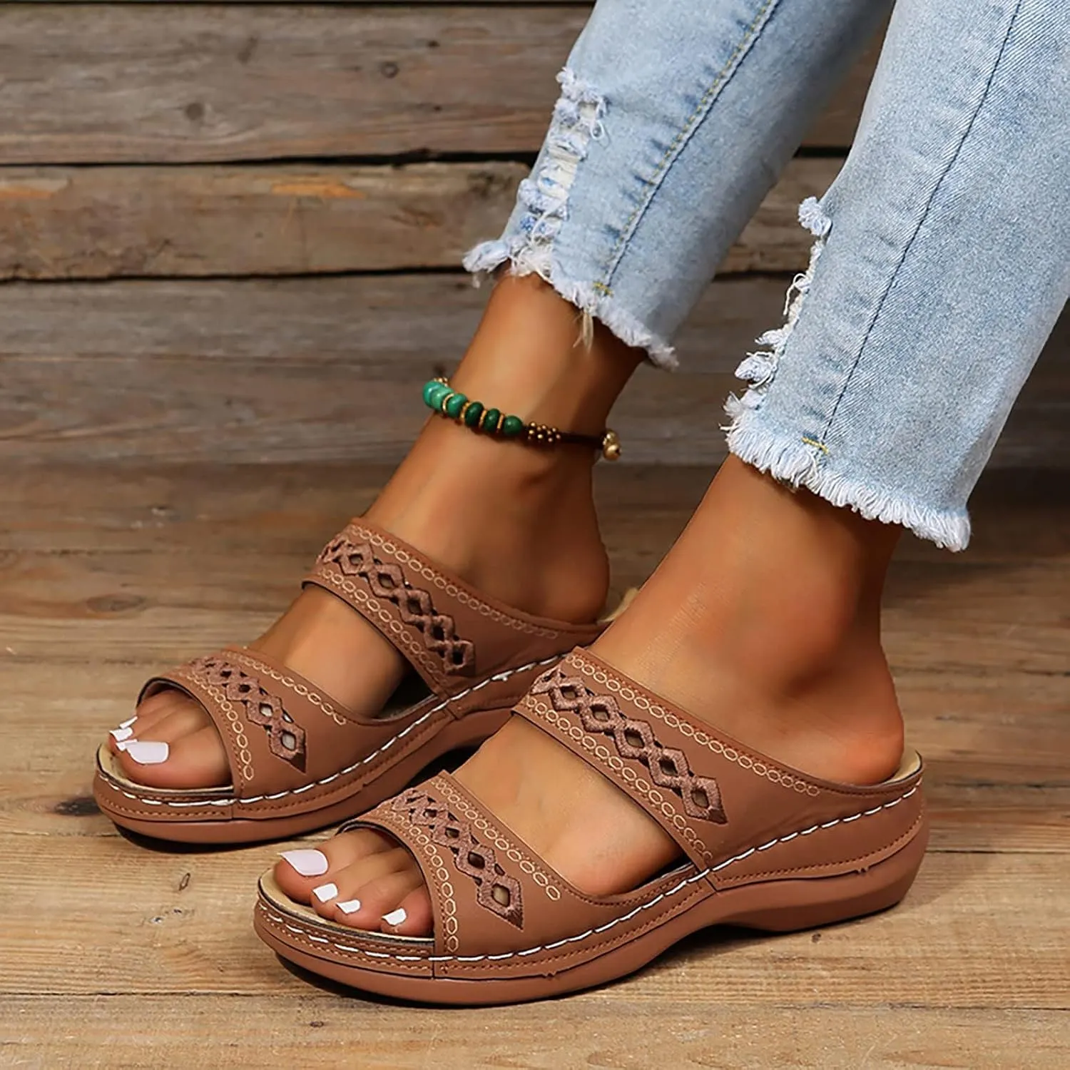 HINDOLA Women's Orthopedic Sandals Slip-on Open Toe Flatform Flip Flops Summer Walking Slippers with Arch Support Orthotic Sandals