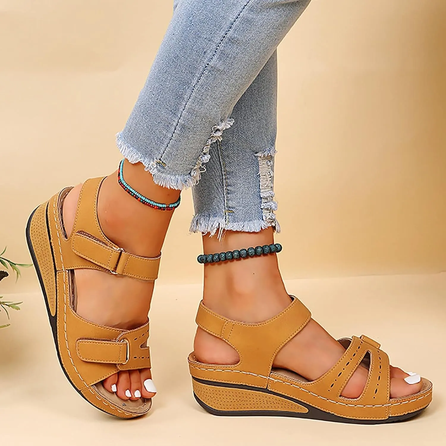 HINDOLA Women's Orthopedic Wedge Platform Sandals Anti-Slip Open Toe Flatform Sandals Summer Walking Slippers with Arch Support Orthotic Flip Flops
