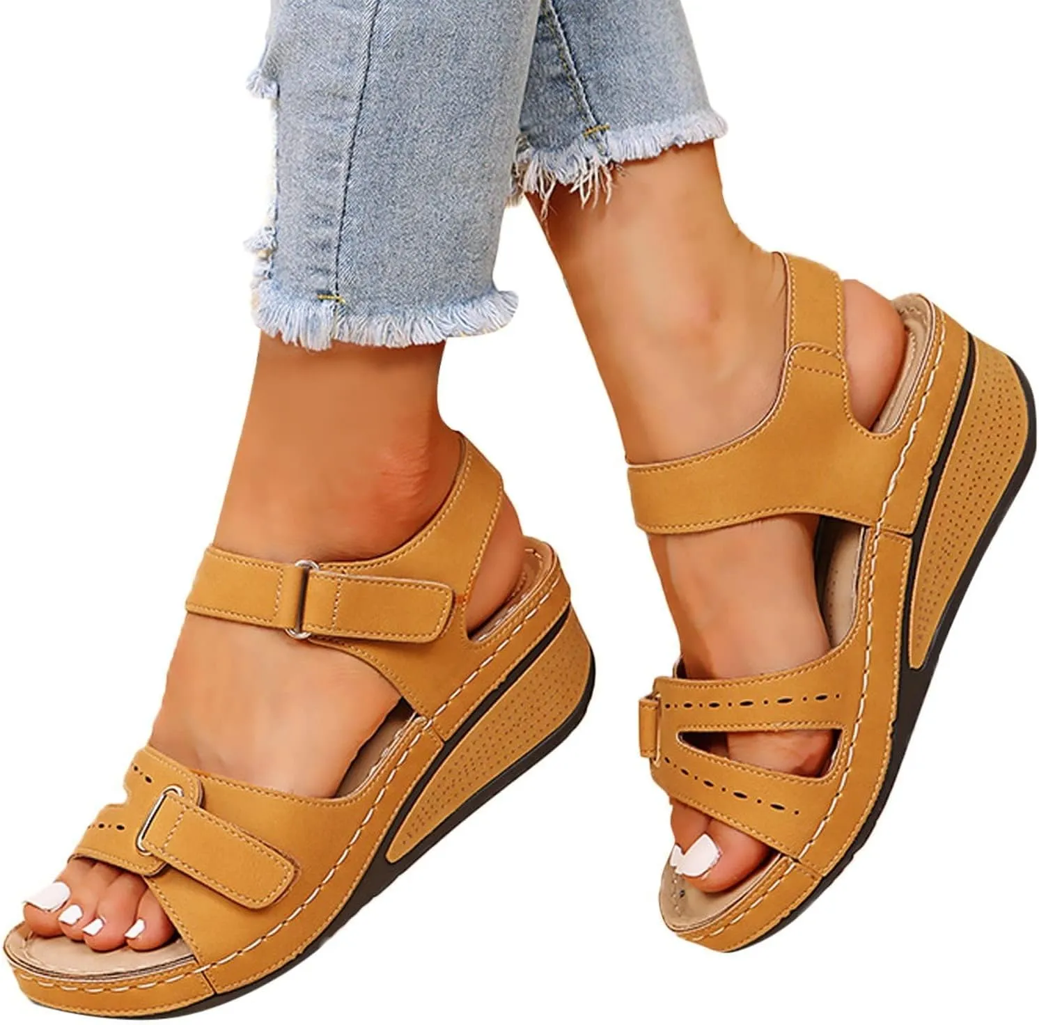 HINDOLA Women's Orthopedic Wedge Platform Sandals Anti-Slip Open Toe Flatform Sandals Summer Walking Slippers with Arch Support Orthotic Flip Flops